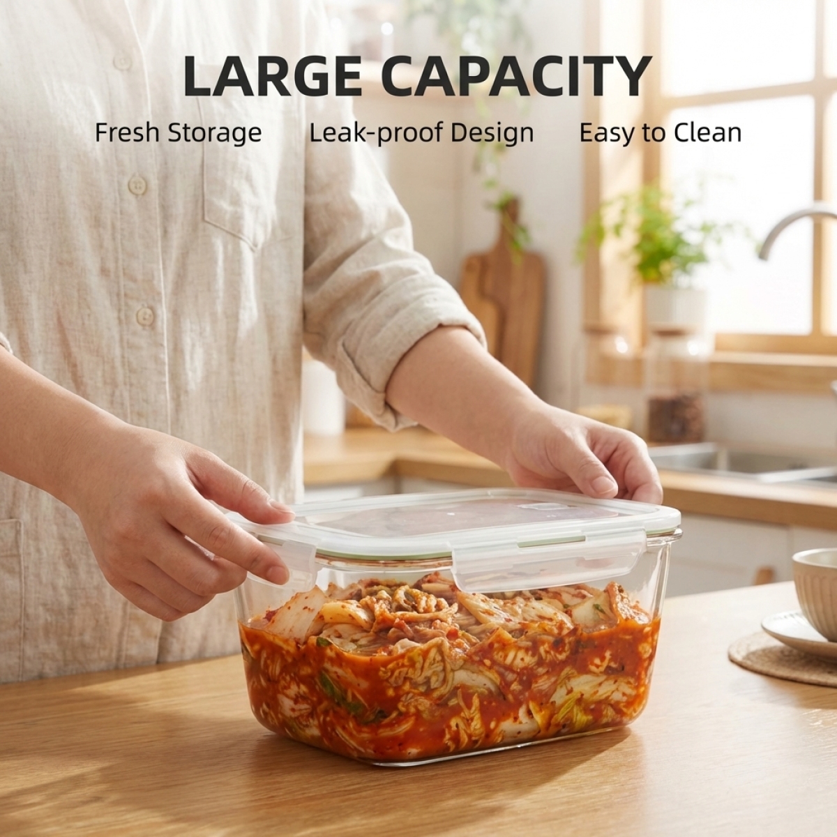 Meal Prep Veggie - High Borosilicate Glass Crisper Box–White,Stackable,Leak-Proof for